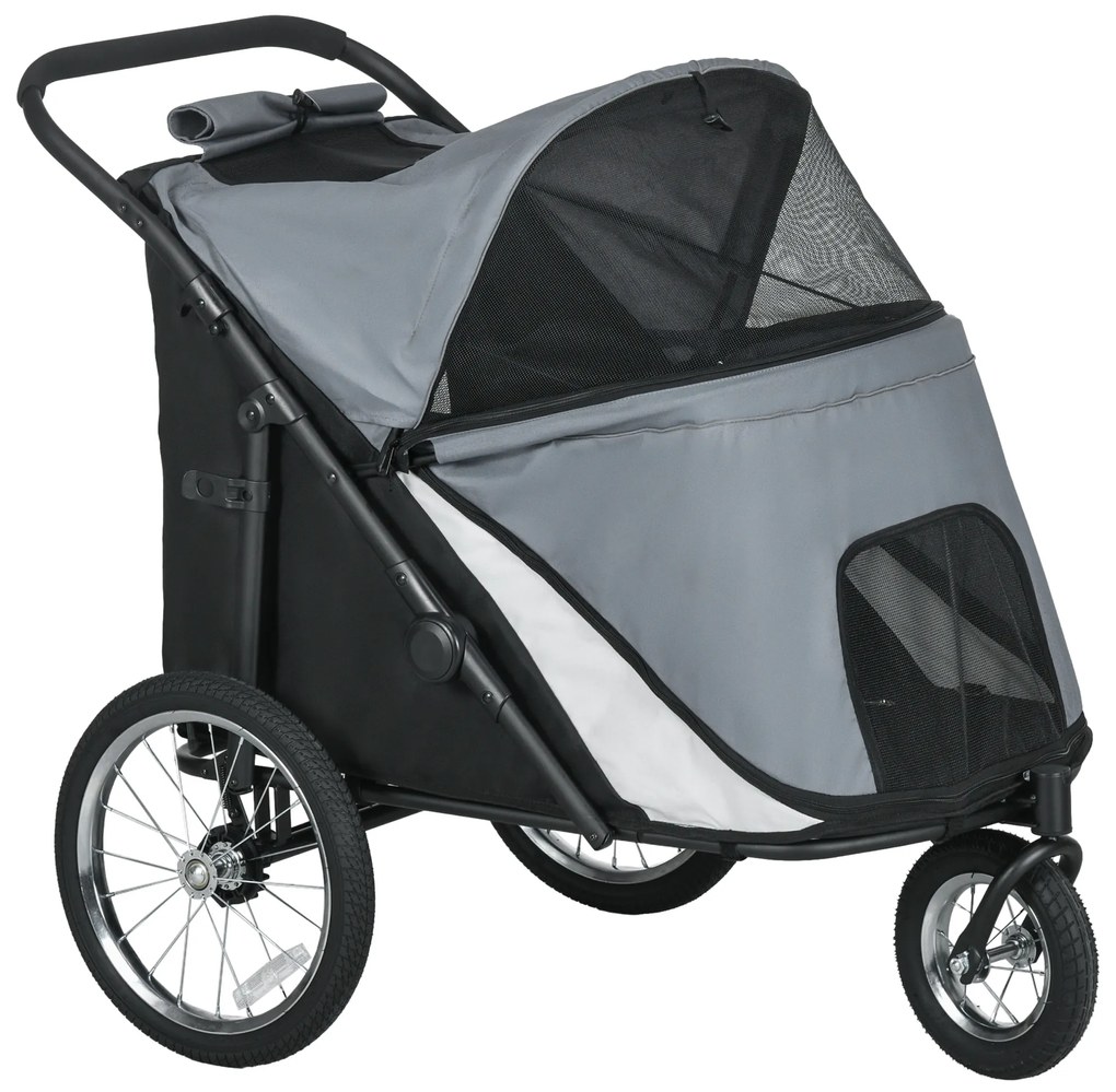 PawHut Cărucior pentru câini, rabatabil, acoperiș rabatabil, pernă pentru odihnă, cadru din oțel, Gri/Negru | Aosom Romania