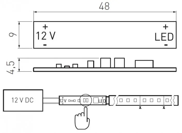 Intrerupator GLAX cu senzor ON/OFF si cablu L= 2000 mm pentru banda LED, AE-WLPR-60P2