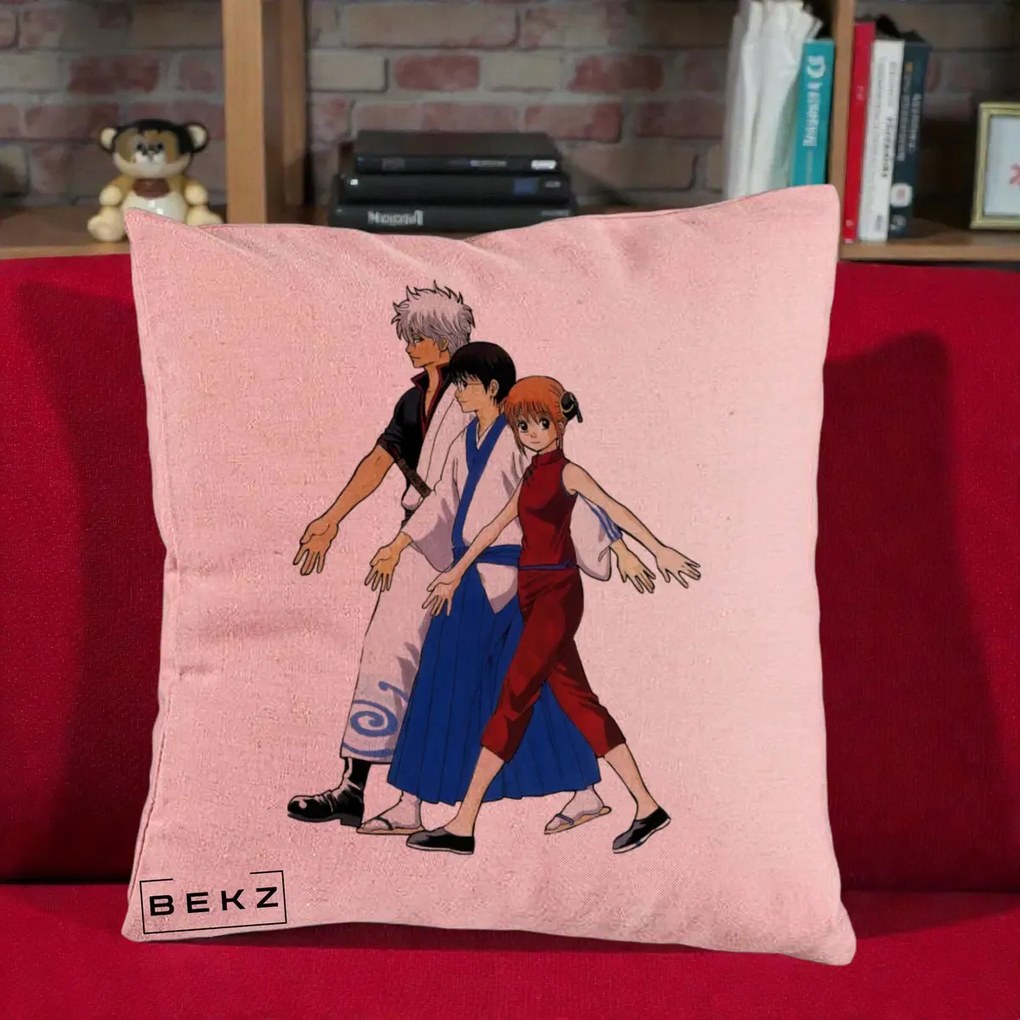 Perna Personalizata Gintama Trio Gintoki Shinpachi Kagura, 40x40 cm, Roz, Husa Detasabila, Perna Inclusa, BEKZ®