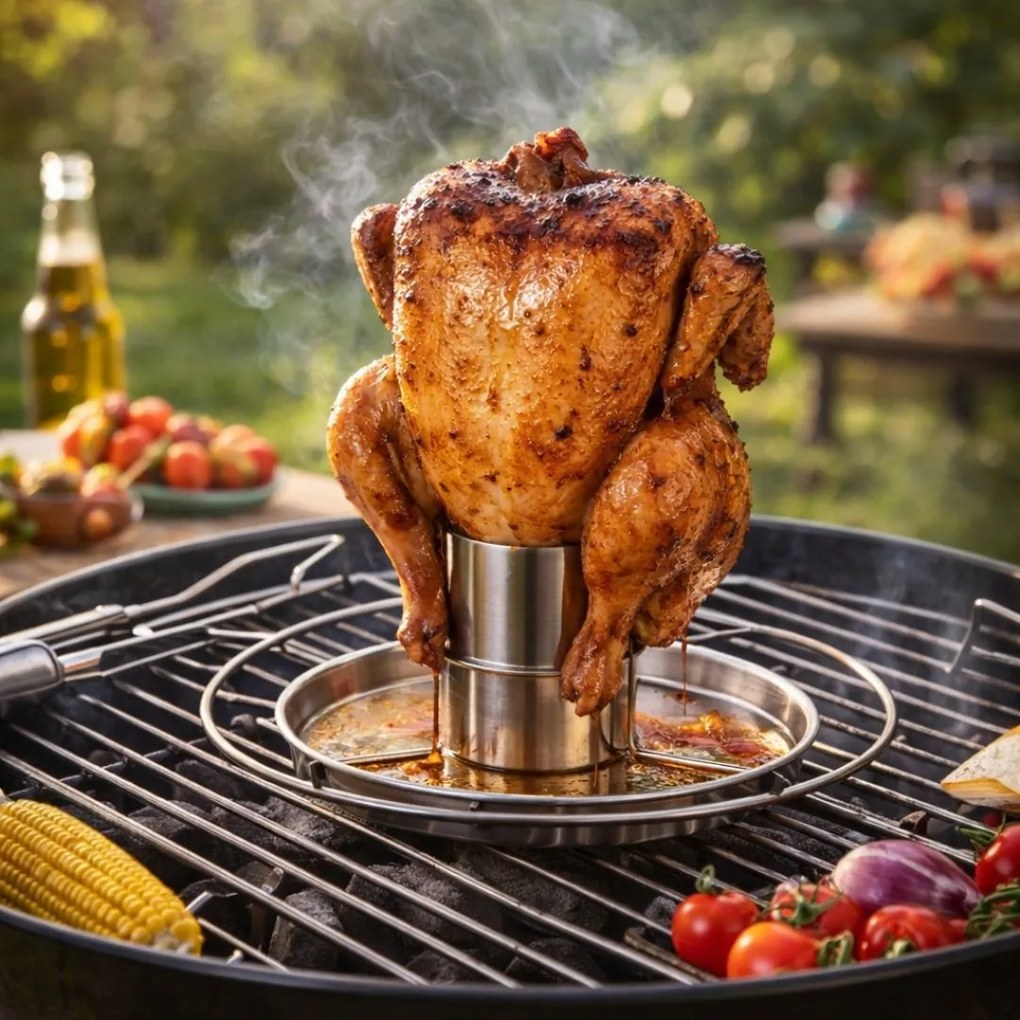 Suport pui la bere pentru grătar, inox, cu tavă colectoare, pentru BBQ și cuptor