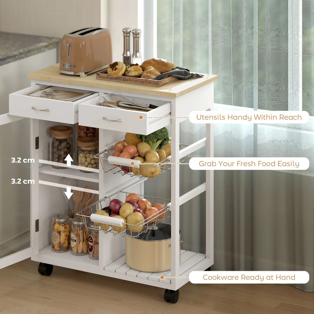 HOMCOM Cărucior de Bucătărie din Bambus cu 2 Sertare, Dulap, Raft și 2 Coșuri din Oțel, 67x35x80 cm, Alb | Aosom Romania
