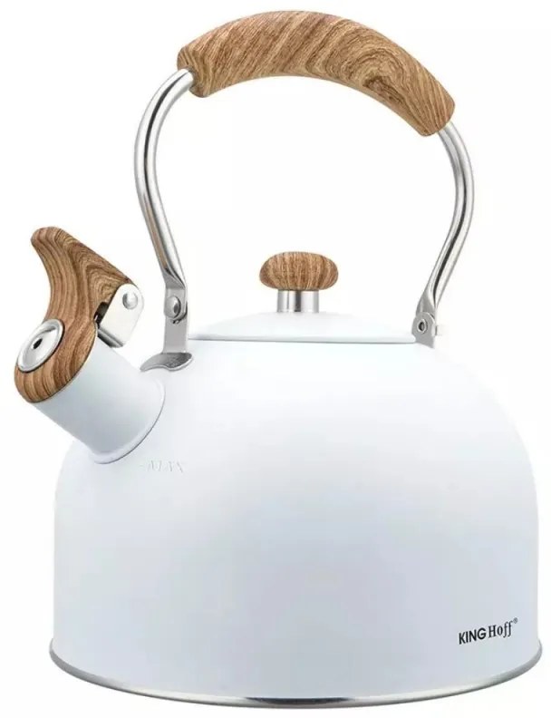 Ceainic cu fluier Kinghoff KH 1860, 2.5 l, Inductie, Maner din lemn, Alb