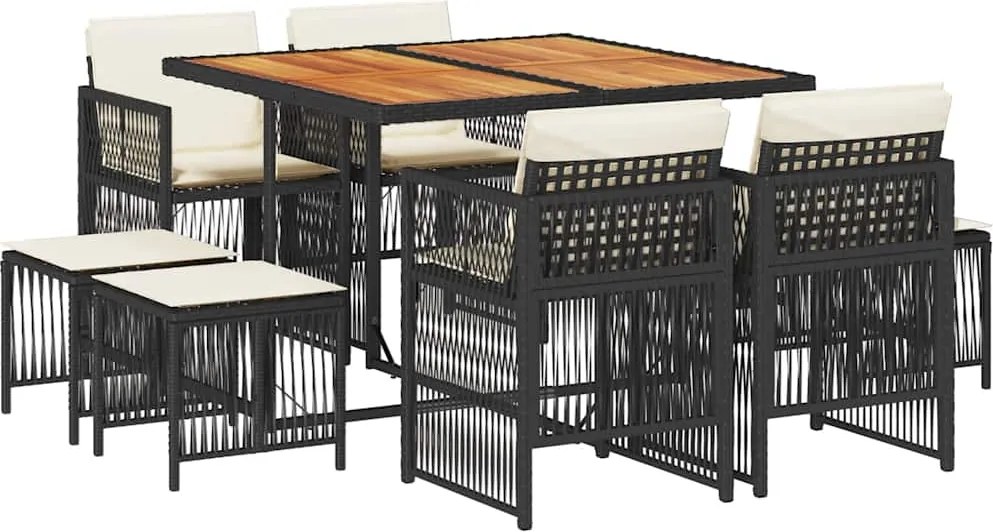vidaXL Set mobilier de grădină cu perne, 9 piese, negru, poliratan