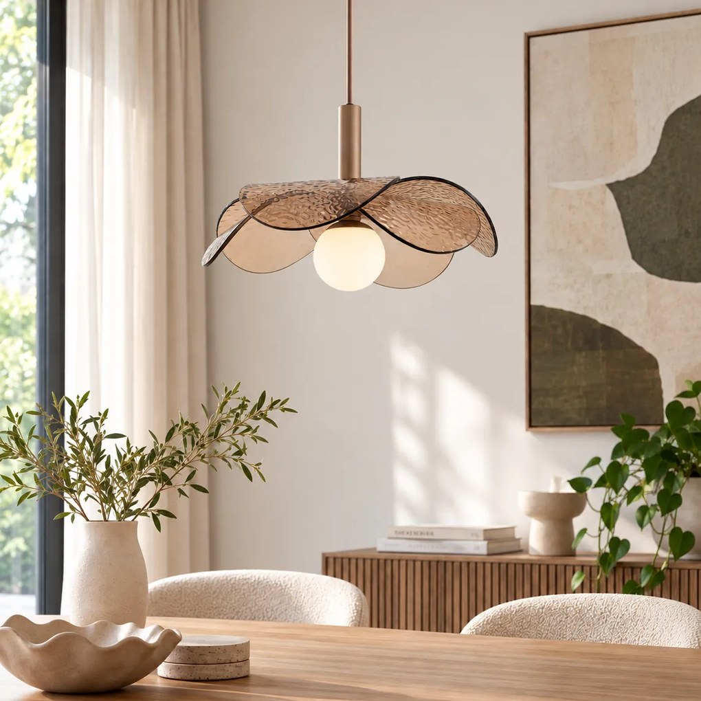 Lampă suspendată de design bronz închis cu sticlă de culoarea chihlimbarului - Kemner