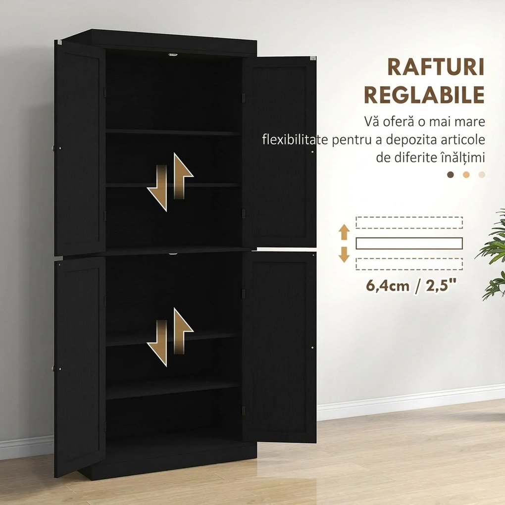 HOMCOM Dulap Înalt de Bucătărie cu 6 Rafturi și 2 Uși, Dulap cu Rafturi Reglabile din Lemn, 76x40,5x184 cm, Alb | Aosom Romania