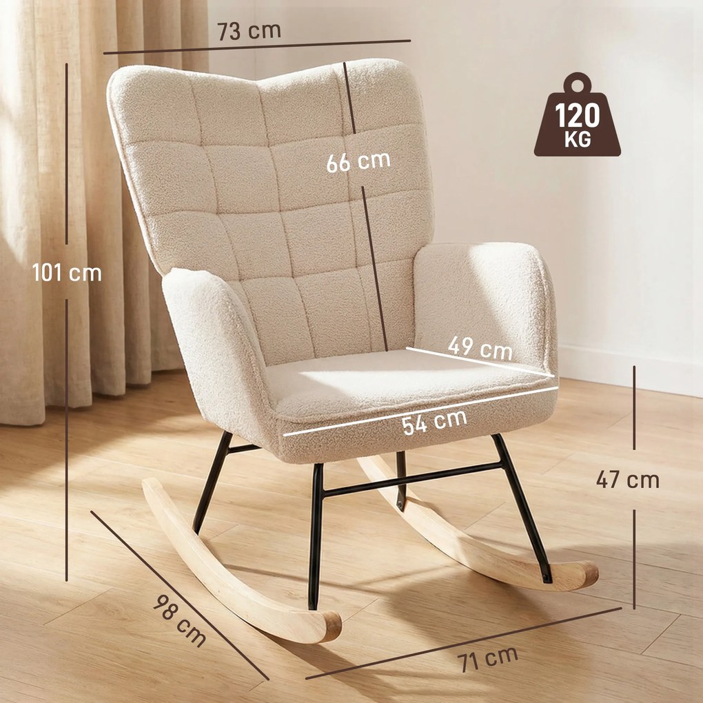 HOMCOM Balansoar Tapițat cu Cotiere, Fotoliu din Lemn și Oțel pentru Living și Dormitor, 71x92x101 cm, Bej