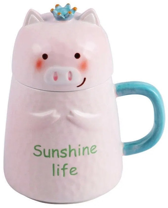 Cana cu capac, Porcusor Sunshine Life, Roz, 450ml