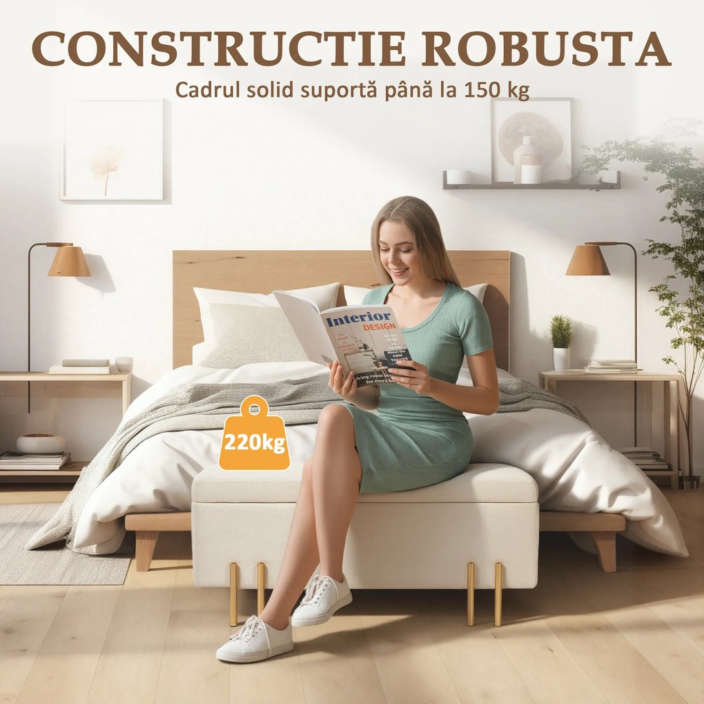 HOMCOM Bancă de Depozitare cu Șezut Tapițat și Picioare Lăcuite Aurii, 100x40x42 cm, Gri | Aosom Romania