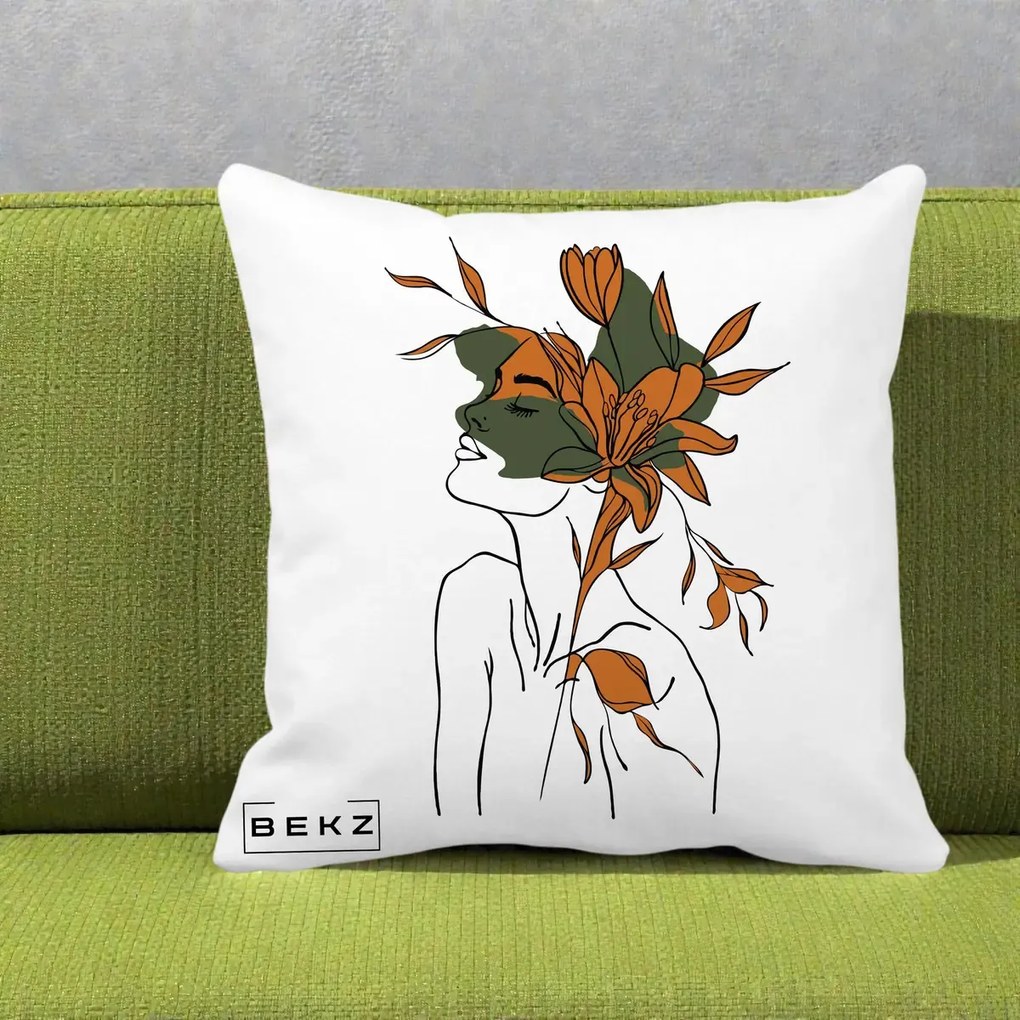 Perna Decorativa Portret Feminin Crin Auriu, 40x40 cm, Alba Mata, Husa Detasabila, Perna Inclusa, BEKZ®