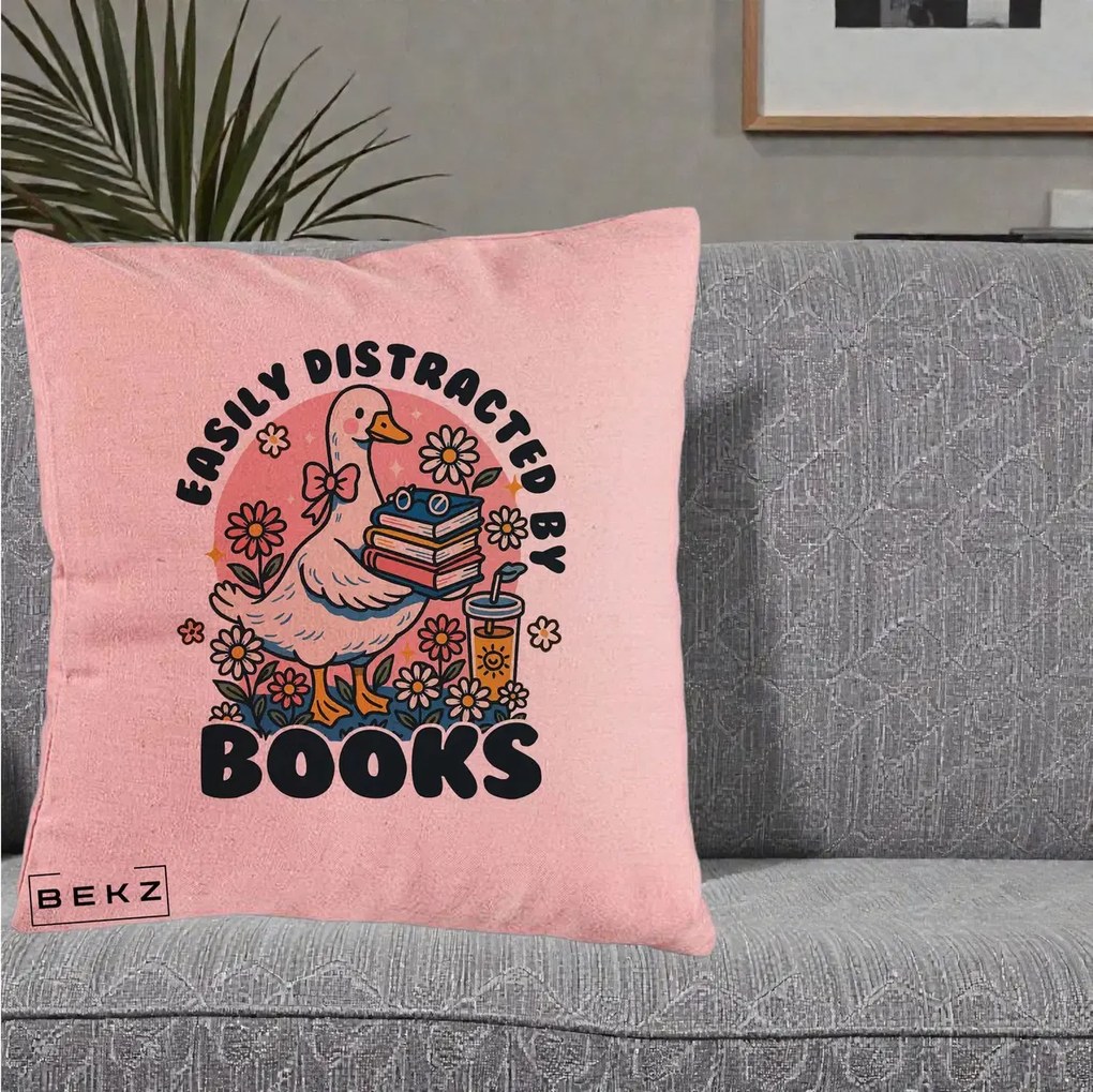 Perna Personalizata Easily Distracted by Books, 40x40 cm, Roz, Husa Detasabila, Perna Inclusa, BEKZ®