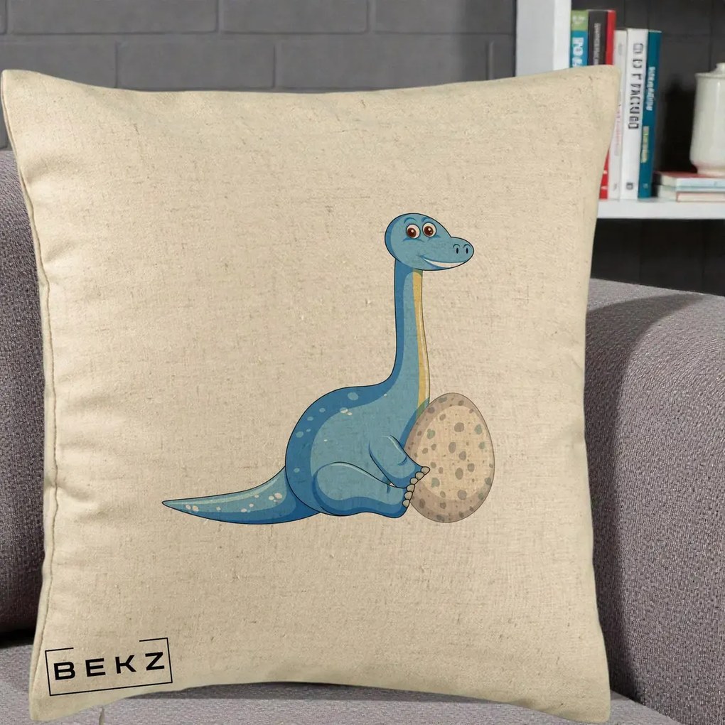 Perna Decorativa Brontosaur cu Ou, 40x40 cm, Bej, Husa Detasabila, Perna Inclusa, BEKZ®