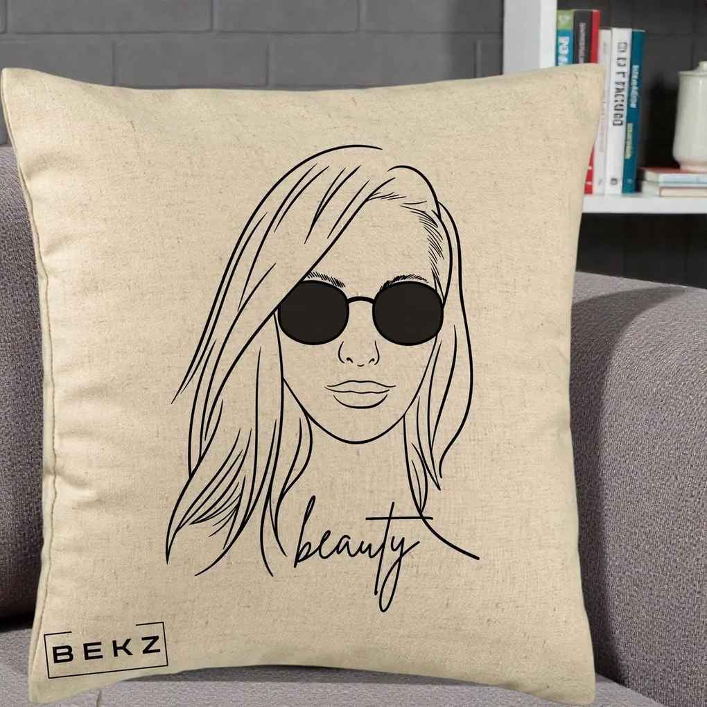 Perna Decorativa Beauty Girl Line Art, 40x40 cm, Bej, Husa Detasabila, Perna Inclusa, BEKZ®