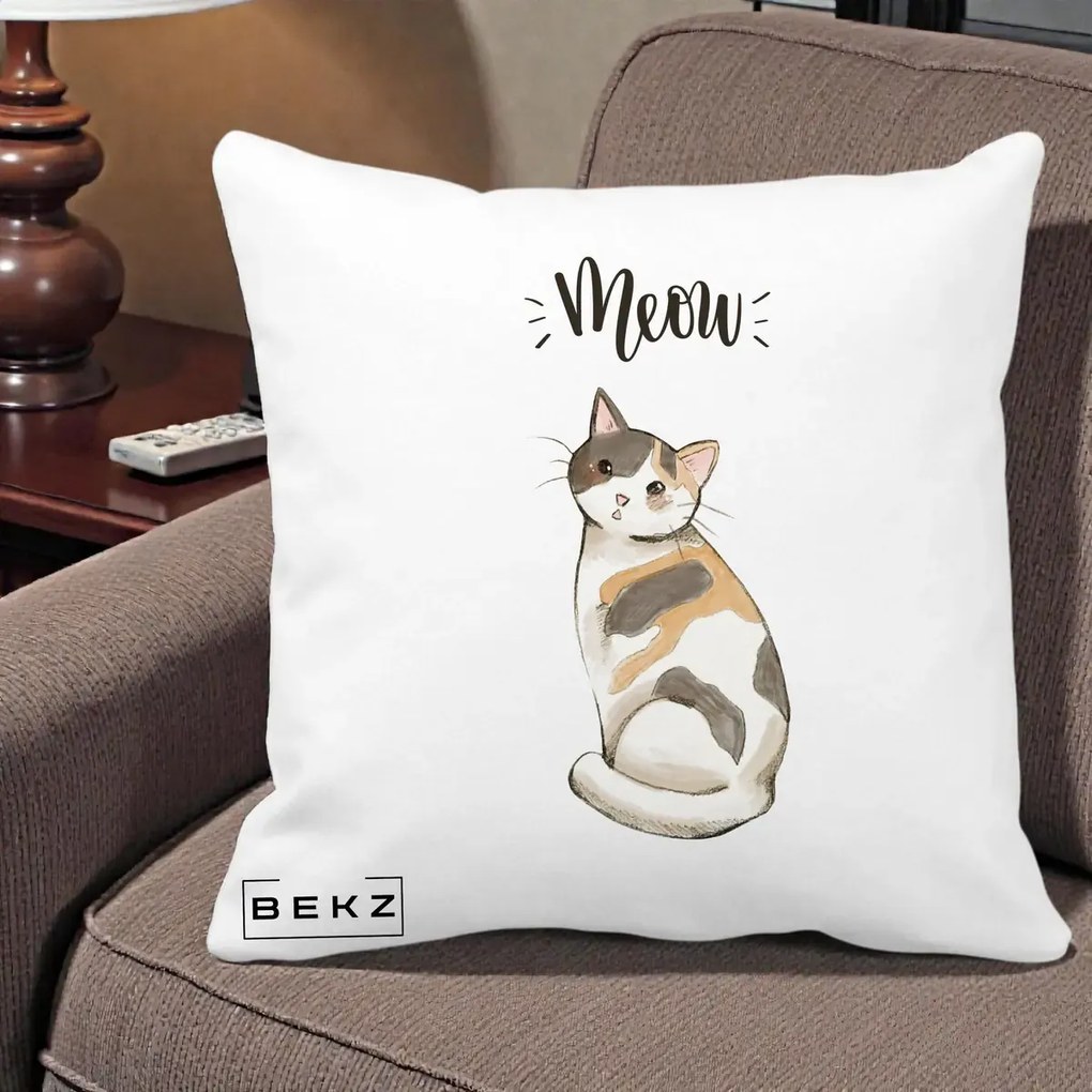 Perna Personalizata Pisica Meow Acuarela, 40x40 cm, Alba Mata, Husa Detasabila, Perna Inclusa, BEKZ®