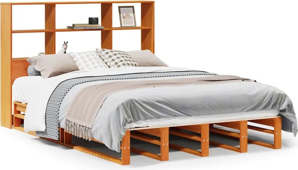 vidaXL Pat cu bibliotecă fără saltea maro ceruit 140x200 cm lemn masiv