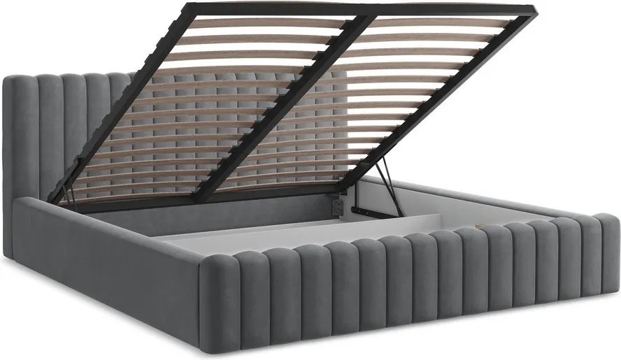 Pat matrimonial gri tapițat cu spațiu de depozitare cu somieră 140x200 cm Lemi – Makamii