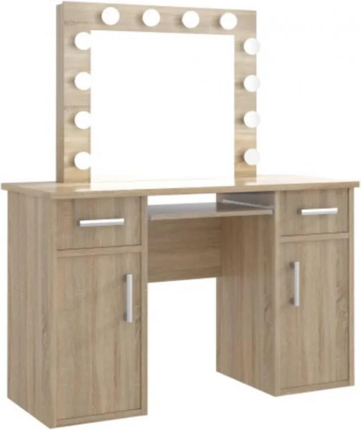 Masuta machiaj cu Oglinda LED si 2 Sertare pentru Cosmetice, Set Masa toaleta 120 cm, Alb, masuta cosmetica, vanity - SEA507