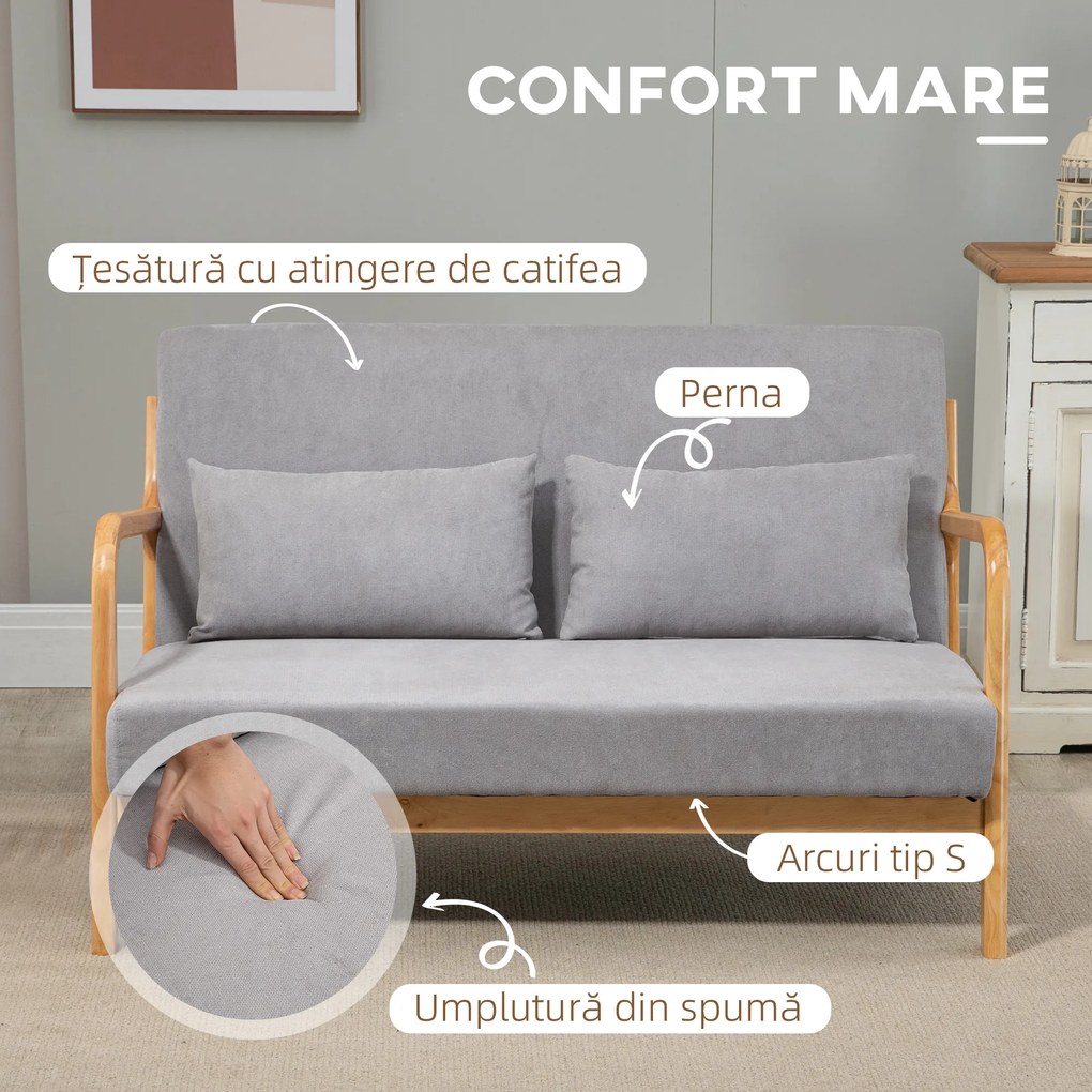 Canapea cu 2 locuri moderna din Lemn cu perne, tasatura cu efect de catifea, 122x71x76 cm, Gri HOMCOM | Aosom Romania