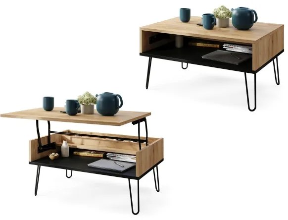 Masă de cafea HALIJA cu blat rabatabil și poliță, stejar craft/negru