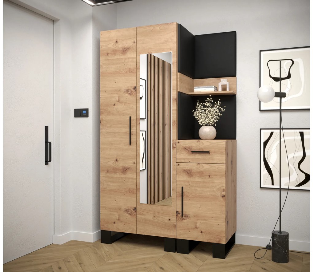Set mobilier pentru hol Amanda 16 (Stejar artisan + piele ecologică Negru). 1086000