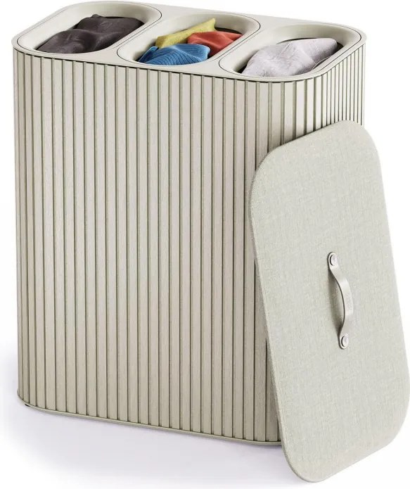 Coș de rufe Joseph Joseph Tota Trio Luxe 5000008, 90 l, 3 compartimente, mânere de transport, bambus, ecru