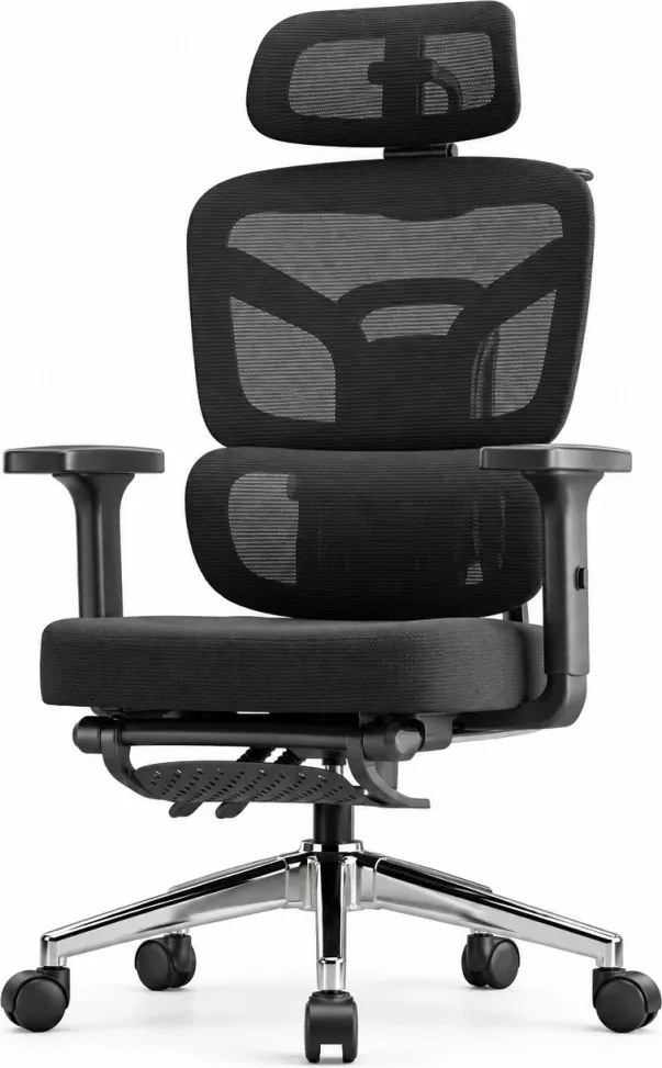 NEXORA CONFORT – Scaun ergonomic, suport lombar 3D adaptiv, tetieră 4D, cotiere 3D, șezut glisant, recliner 135°, suport pentru picioare, bază metalică, Mesh, Negru