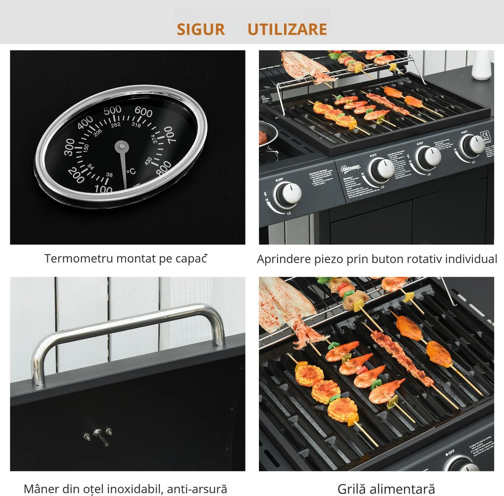 Gratar pe gaz Outsunny cu Capac si Termometru 110x50x100cm Negru | Aosom Romania