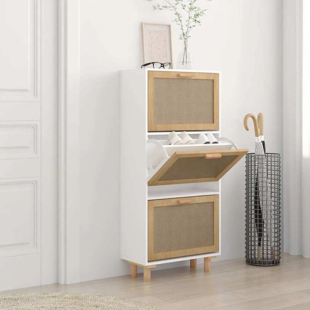 vidaXL Pantofar, alb, 52x25x115 cm, lemn prelucrat și ratan natural