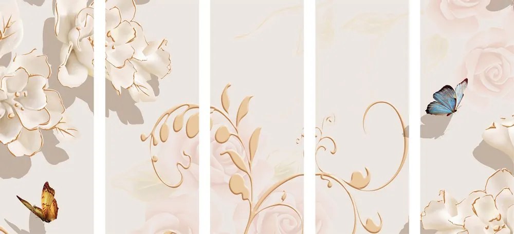 Tablou 5-piese natura moartă vintage cu fluture