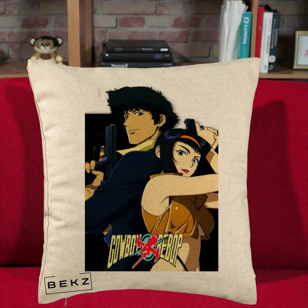 Perna Personalizata Cowboy Bebop Spike si Faye Poster, 40x40 cm, Bej, Husa Detasabila, Perna Inclusa, BEKZ®