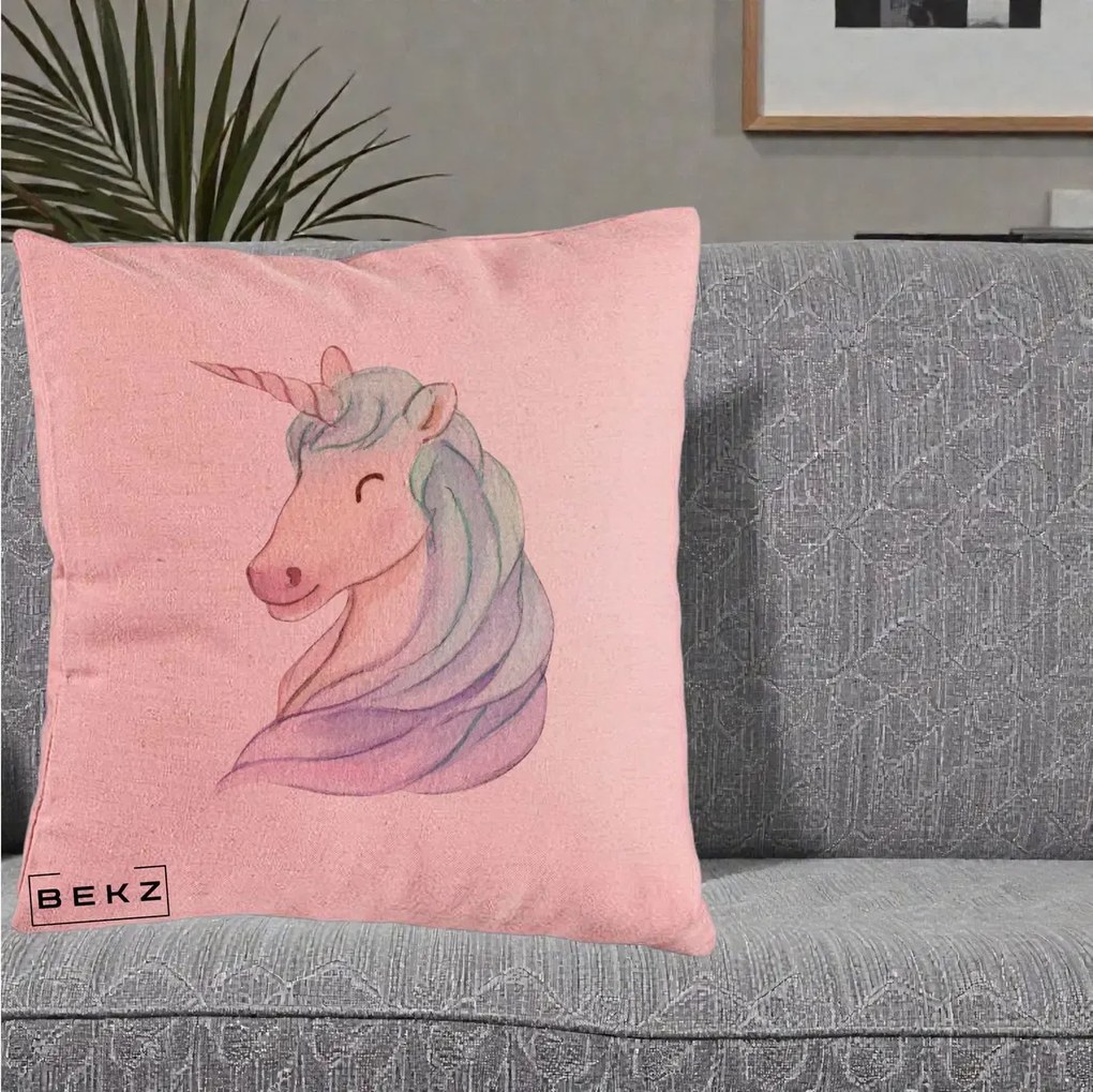 Perna Decorativa Unicorn Acuarela Pastel, 40x40 cm, Roz, Husa Detasabila, Perna Inclusa, BEKZ®
