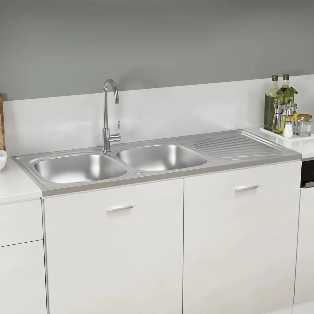 Chiuveta bucatarie cu 2 cuve, argintiu, 1200x600x155 mm, otel 1200 x 600 x 155 mm