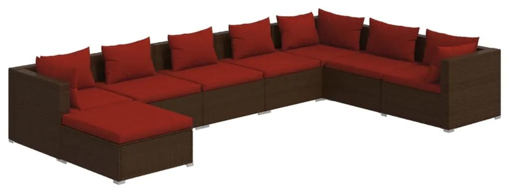 Set mobilier de gradina cu perne, 8 piese, maro, poliratan maro si rosu, 3x colt + 4x mijloc + suport pentru picioare, 1