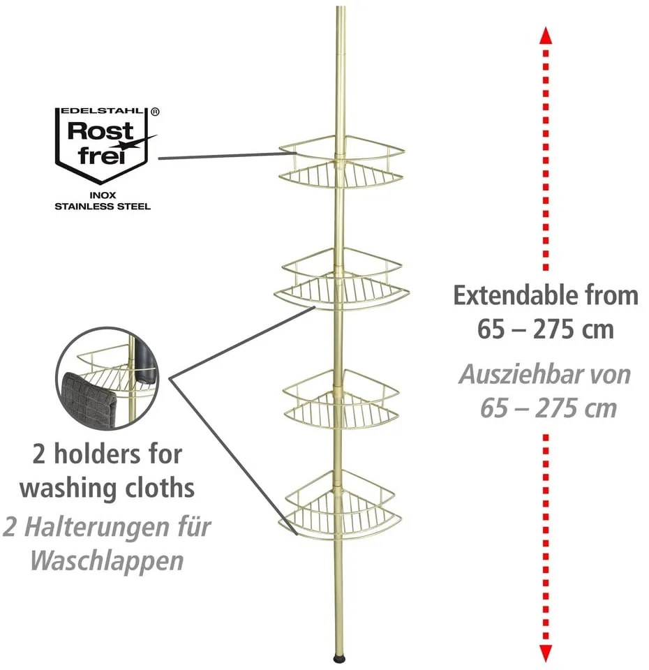 Raft pentru baie auriu de colț telescopic din oțel inoxidabil Dolcedo – Wenko