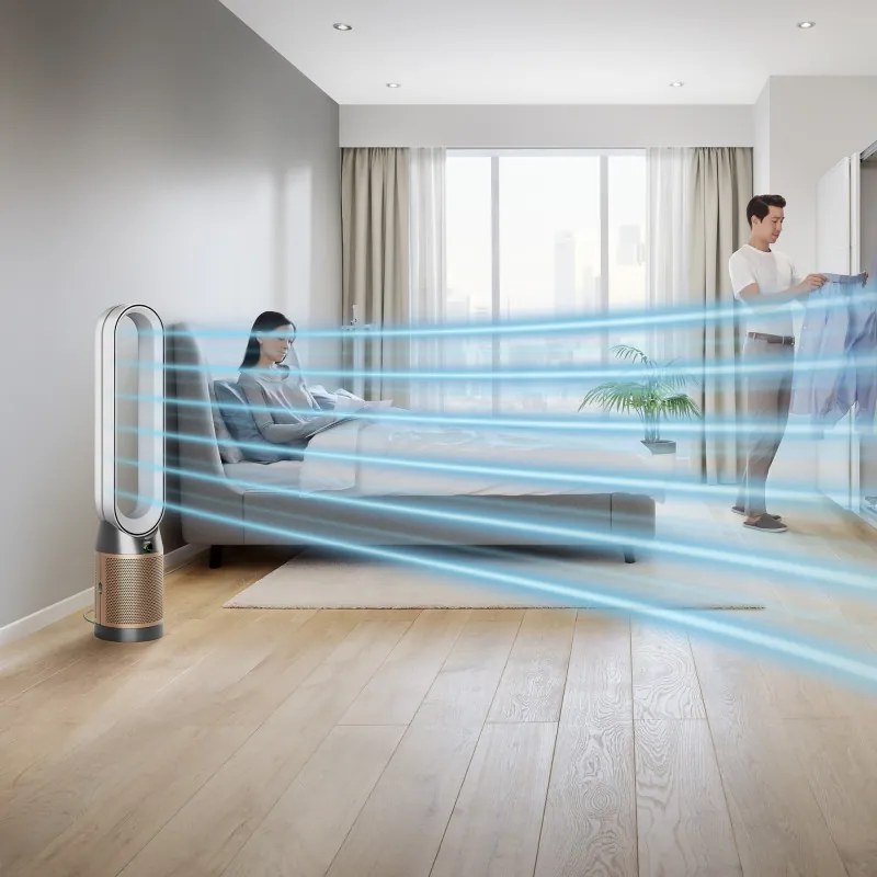 Resigilat: Purificator si racitor de aer Dyson Cool Formaldehyde™ TP09, 40W, 40 m², 10 viteze, Oscilatie, HEPA, Wi-Fi, LCD, Control vocal, Alb/Auriu