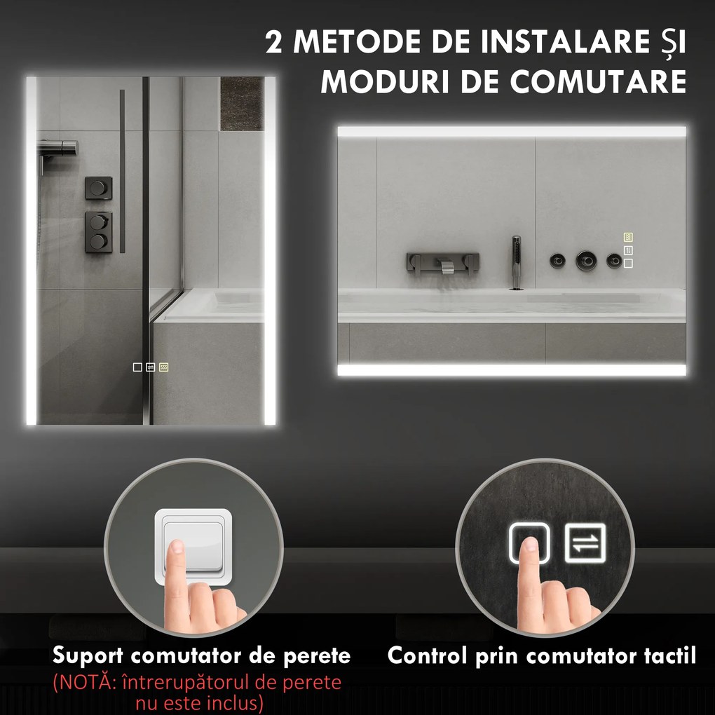HOMCOM Oglindă LED 50x70 Antiaburire Touch IP44 | Aosom Romania