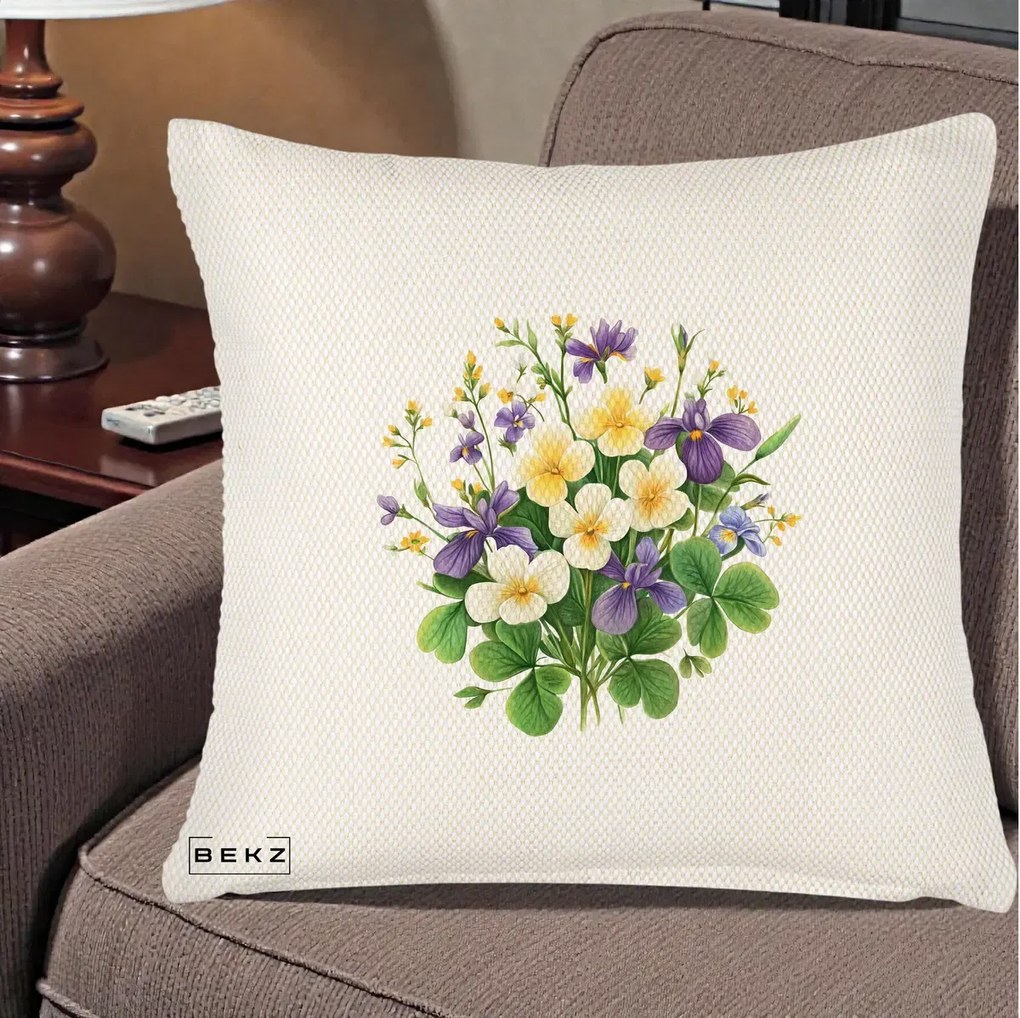 Perna Decorativa Viorele Iris Violet si Trifoi, 40x40 cm, Crem Reliefat, Husa Detasabila, Perna Inclusa, BEKZ®