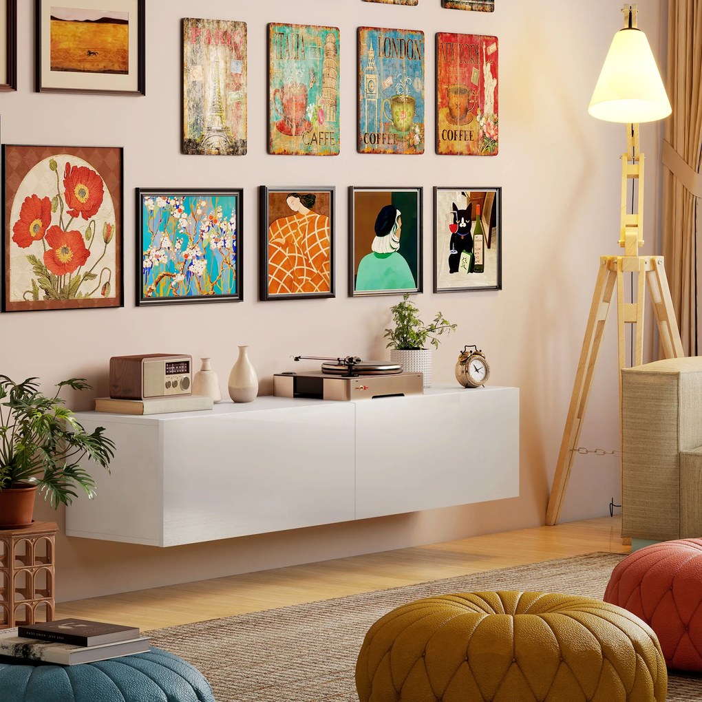 HOMCOM Dulap TV Suspendat pentru Televizoare de 45"-55"-65" cu 2 Dulapuri, Alb | Aosom Romania