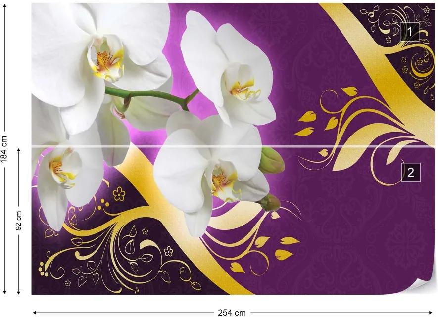 GLIX Fototapet - Orchids And Swirls Purple And Gold Floral Design Vliesová tapeta  - 254x184 cm