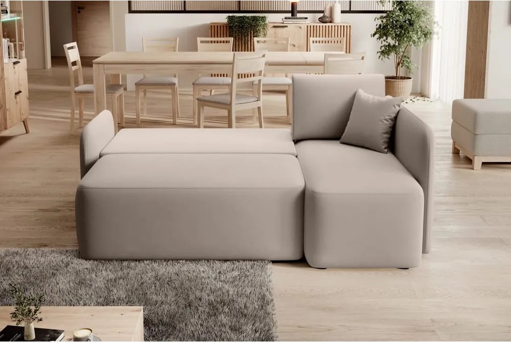 Colțar bej extensibil/cu spațiu de depozitare cu tapițerie din catifea (cu colț pe partea dreaptă/cu șezlong) Hadson – ELTAP