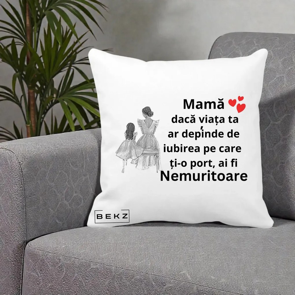 Cadou pentru Mama - Perna Personalizata Mama Nemuritoare Line Art, 40x40 cm, Alba Mata, Husa Detasabila, Perna Inclusa, BEKZ®