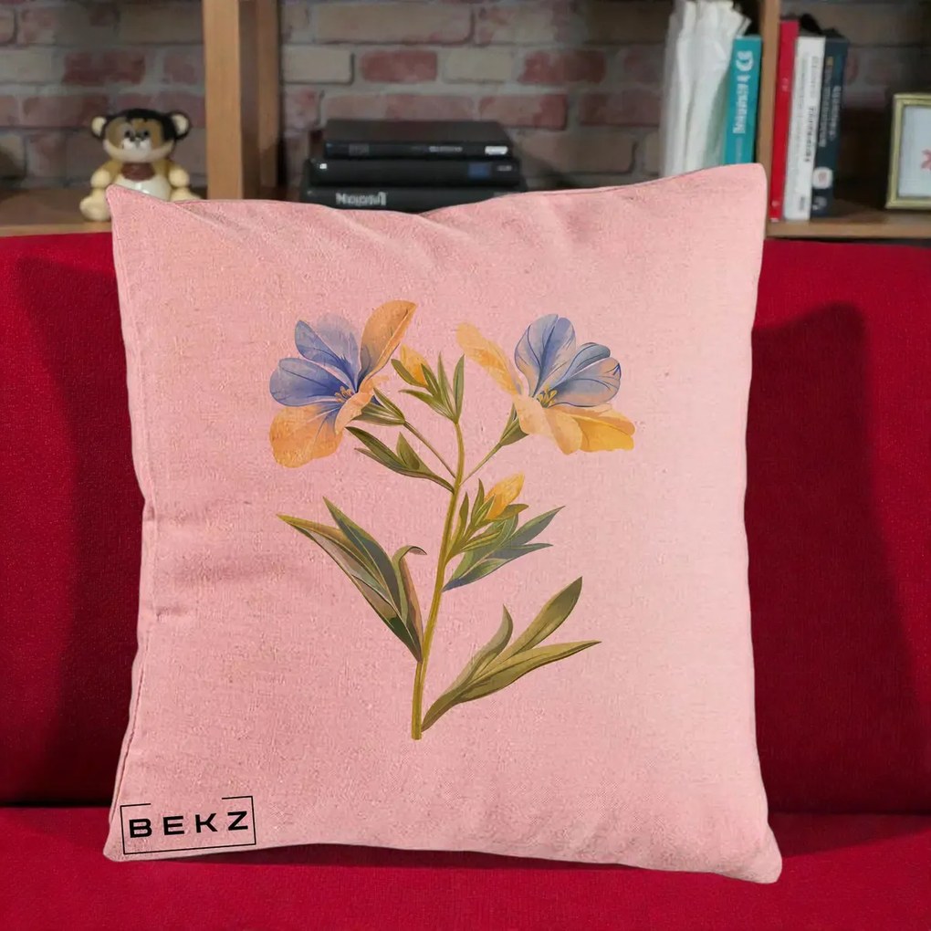 Perna Decorativa Botanica Frezie Galbena si Albastra, 40x40 cm, Roz, Husa Detasabila, Perna Inclusa, BEKZ®