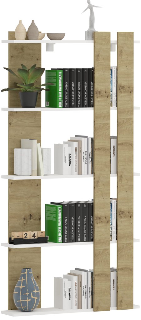 Biblioteca Elmo, 5 Polite, Alb/Stejar Artisan, 80 x 20 x 160 cm