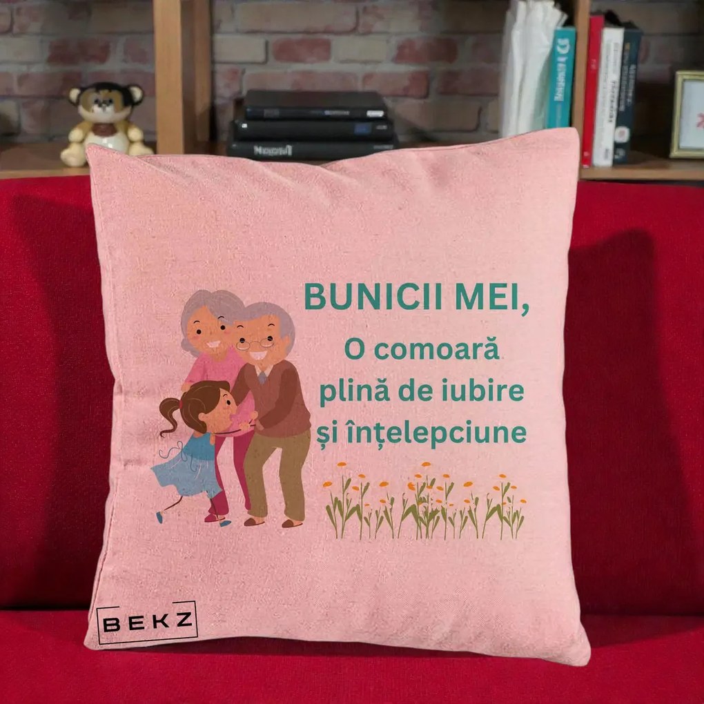 Cadou pentru Bunici - Perna Personalizata Bunicii Mei Comoara Iubire Intelepciune Nepoata, 40x40 cm, Roz, Husa Detasabila, Perna Inclusa, BEKZ®