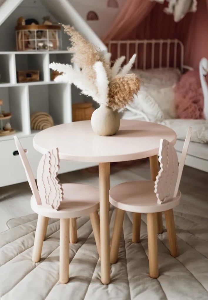 Set masuta rotunda roz si 2 scaunele ingeras roz