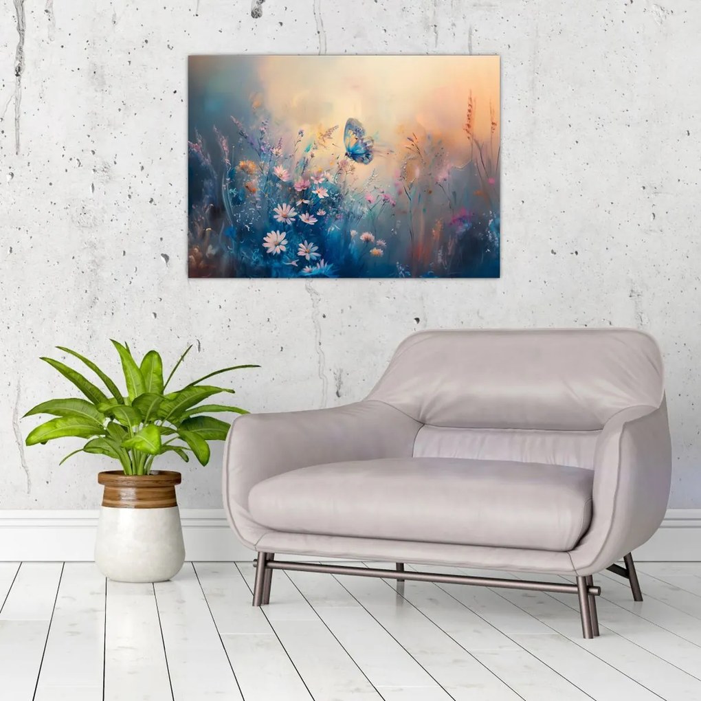 Tablou pe sticlă - Pajiște cu Fluture (70x50 cm)