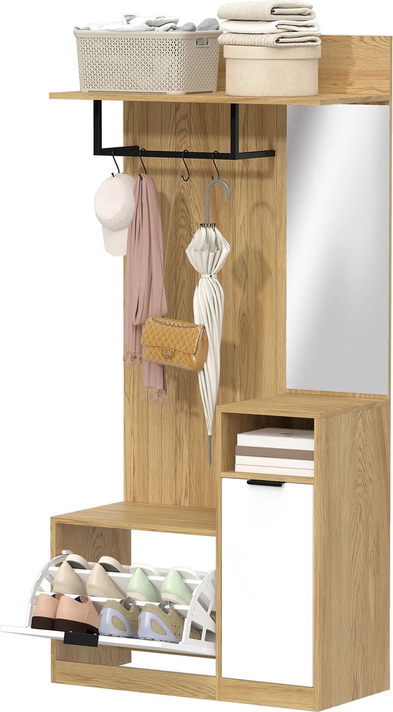 HOMCOM Cuier pentru intrare cu pantofar dulap rafturi deschise și 4 cârlige 80x37x168 cm Stejar | Aosom Romania