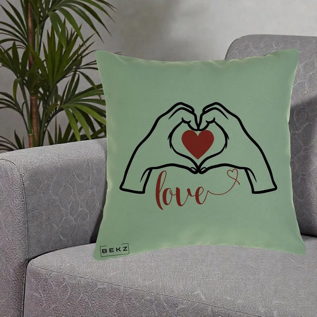 Perna Decorativa Love Maini Inima cu Inscriptie Love Rosu, 40x40 cm, Verde, Husa Detasabila, Perna Inclusa, BEKZ®