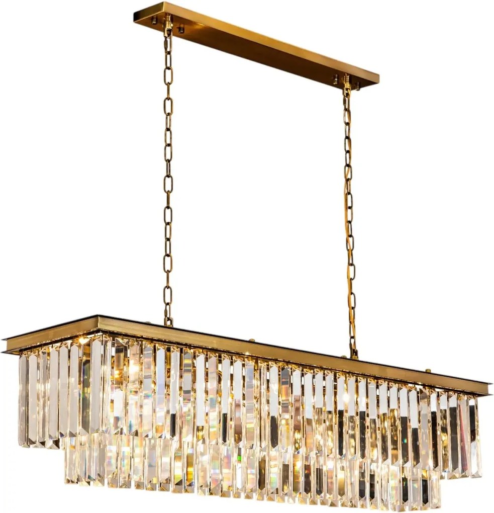 Candelabru dreptunghiular din metal, auriu, cu cristale din sticlă pe două niveluri și lanț reglabil, finisaj satinat, 40 x 125 x 36 cm, „Hilton”