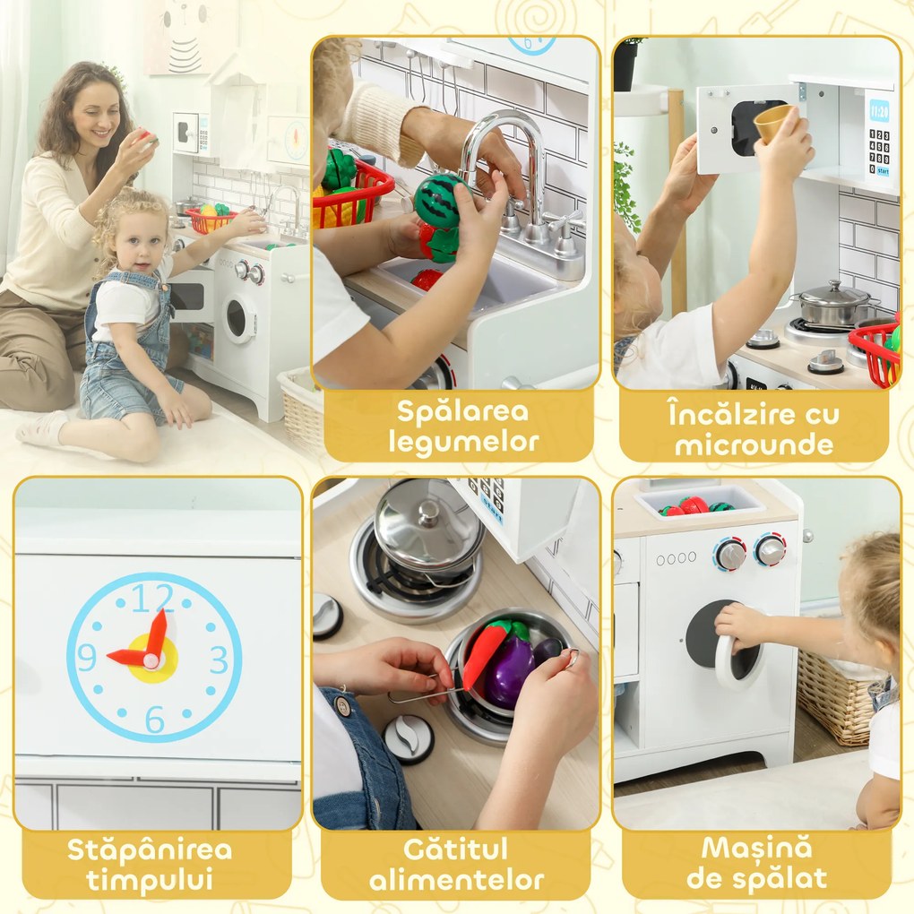 AIYAPLAY Bucătărie de Jucărie pentru Copii 3-6 Ani din Lemn cu Set de Accesorii, Chiuvetă și Butoane cu Sunete, Alb | Aosom Romania