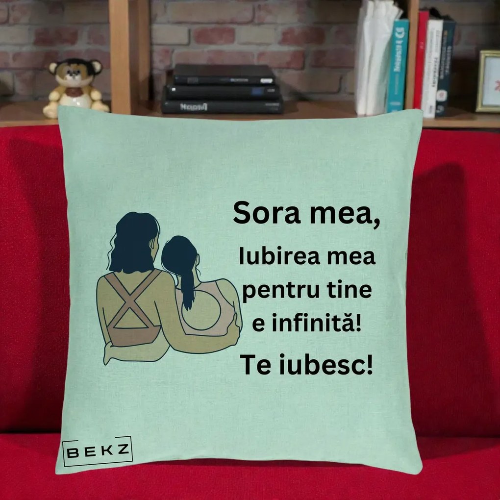 Cadou pentru Sora - Perna Personalizata Sora Mea Te Iubesc Doua Fete Fashioniste Line Art, 40x40 cm, Verde Menta, Husa Detasabila, Perna Inclusa, BEKZ®